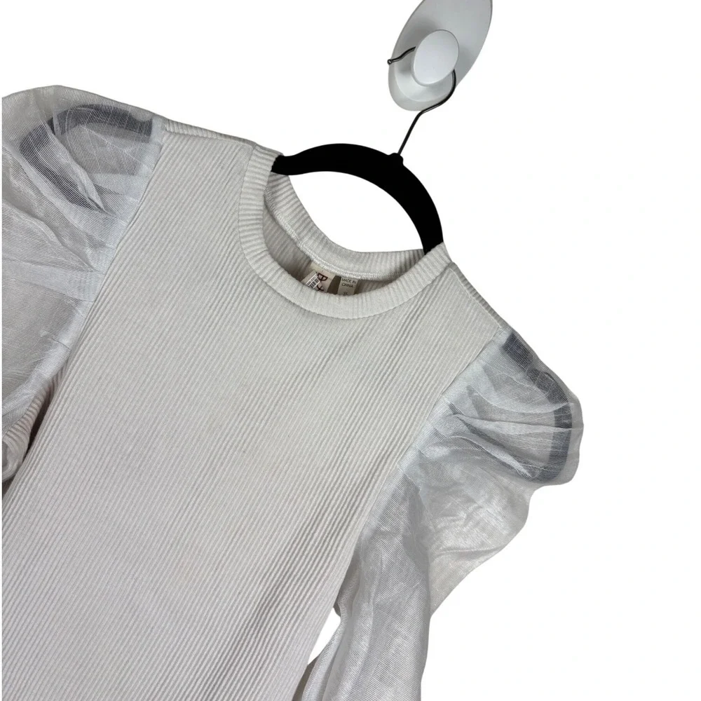 Dolan Collection White Ribbed Knit Sheer Organza Puff Sleeve Top XS